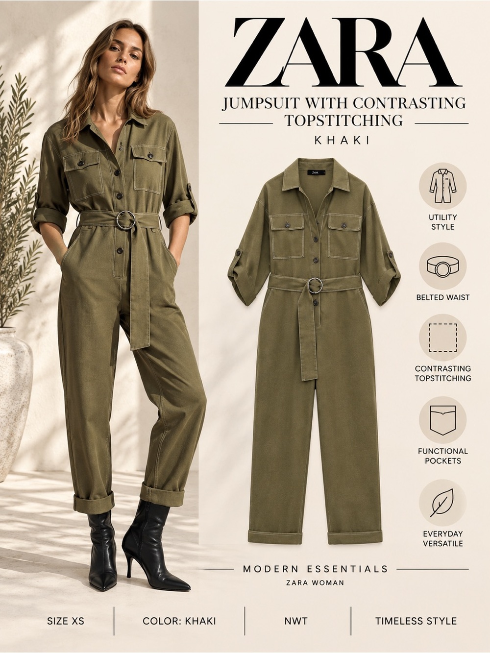 Zara Khaki Jumpsuit With Contrasting Topstitching Size XS Belted Utility Romper